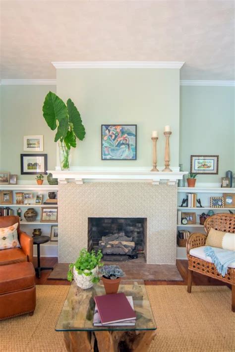 Green Craftsman Living Room With Neutral Fireplace Surround Hgtv