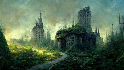 Premium Photo Post Apocalyptic Ruins With Nature Concept Art Illustration