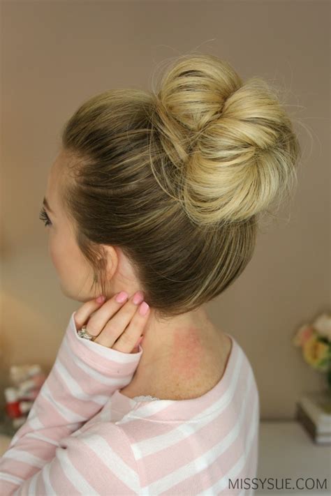 The top bun requires nothing more than pulling your hair up and wrapping the bun on the top of the head. 3 Messy Buns | MISSY SUE