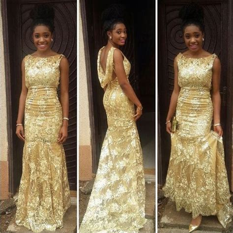 Aso Ebi Style Shiny Gold Mermaid Evening Dress 2017 Lace African