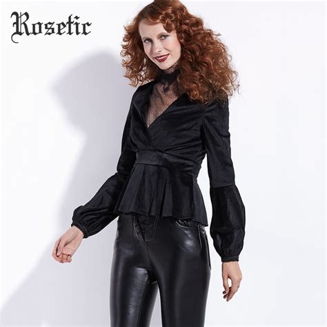 Rosetic Gothic Jackets Women Autumn Black V Neck Lantern Sleeve Slim