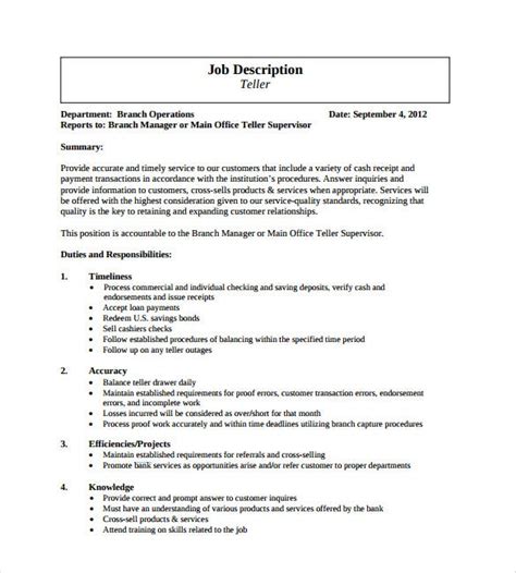 Supervise staff in operations such as account management, customer service, financial operations, and other bank functions. 9+ Bank Teller Job Description Templates - Free Sample ...