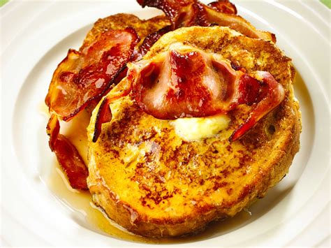 French toast is a dish made of sliced bread soaked in beaten eggs and typically milk, then pan fried. French toast with bacon and maple syrup | Australian Pork