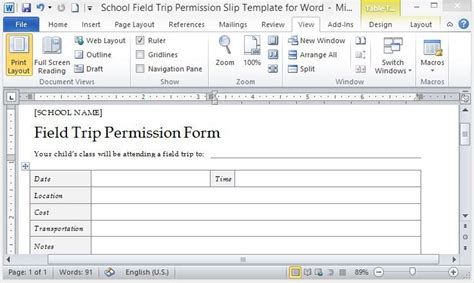 school field trip permission slip template  word