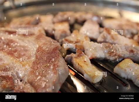 Korean Grilled Pork Bbq Samgyeopsal Gui With Charcoal At Korean