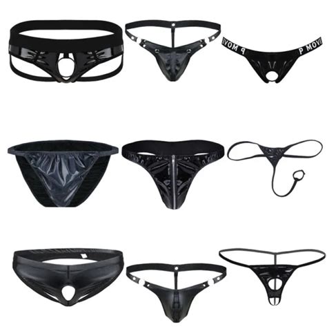 Mens Sexy Faux Leather Bikini Briefs Underwear Pouch G String Jockstrap