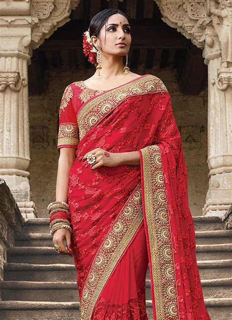 Party Wear Red Georgette Net Saree 1951