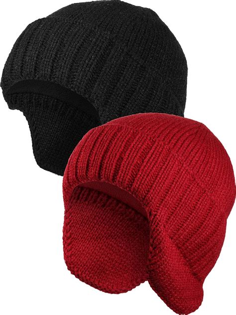 2 Pieces Winter Mens Knit Earflap Hat Beanie Hat Stocking Caps Warm Ear Flap Hat With Fleece