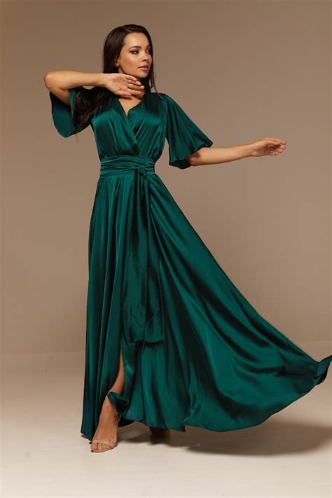 Emerald Green Silk Full Wrap Maxi Dress Summer Bridesmaid Etsy