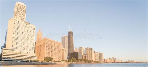 Panoramic View Reflection Of Chicago Skyscraper On Michigan Lake Stock