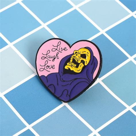 Heart Shape Pin Purple Skeleton Brooch Live Laugh Love Cartoon Funny Enamel Pin Denim Badges