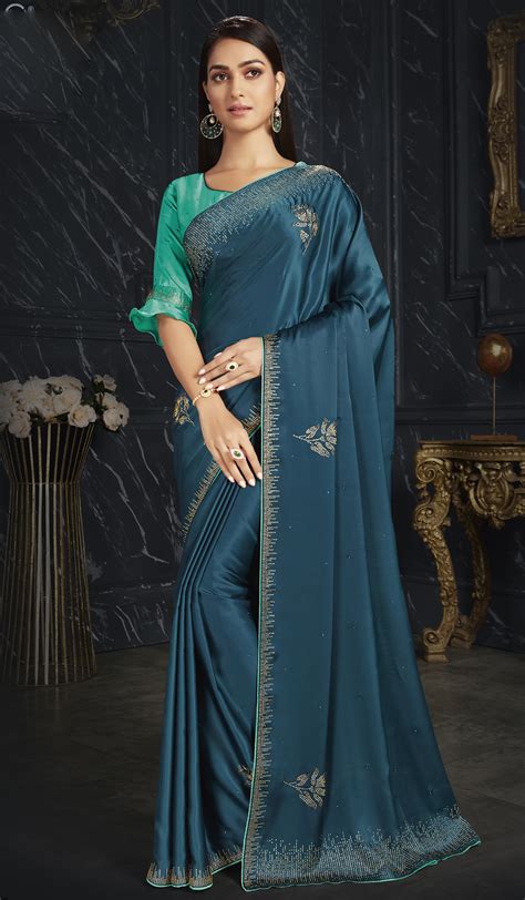 Party Wear Saree For Unmarried Girl In Sea Green