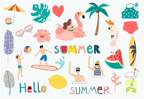 Summer Objects Including Watermelon Lemon Float And Surfboard 1212824 Vector Art At Vecteezy