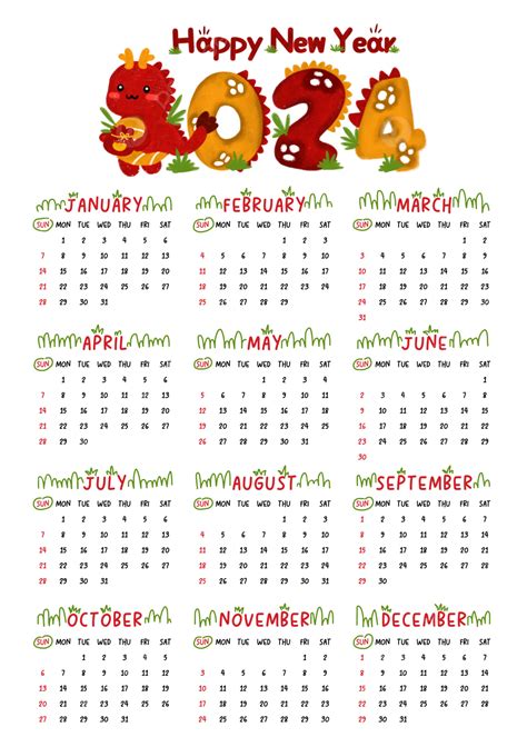 Calendario 2024 Con Lindo Dragón PNG dibujos Año Del Dragón Año Nuevo