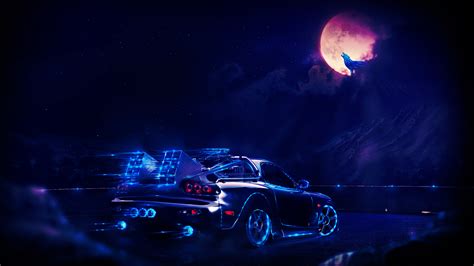 Neon Car Driving To The Moon Wolf Wallpaper Hd Artist 4k Wallpapers