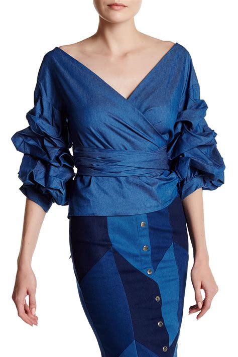 Gracia Gathered Puff Sleeve Blouse In Blue Lyst