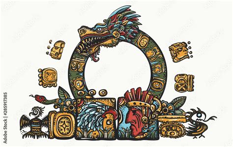 Plakat Kukulkan Feathered Serpent And Glyphs Ancient Maya