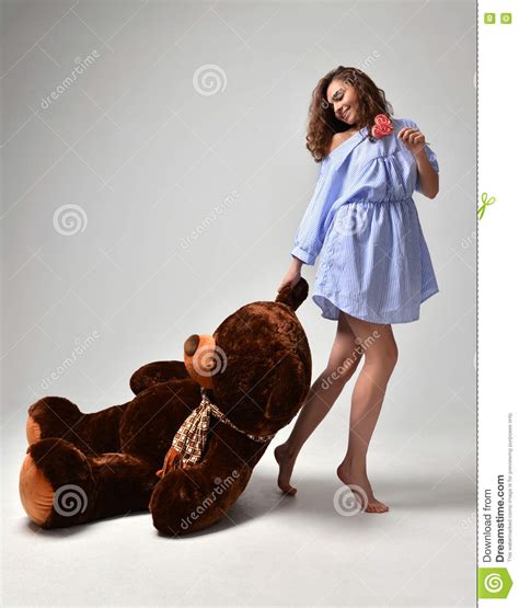 Young Beautiful Girl With Big Teddy Bear Soft Toy Happy Smiling Stock