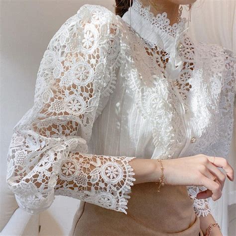 Victorian Lace Top High Neck Blouse Lace Shirt Puff Sleeve Top Lace