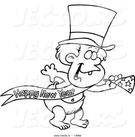 Vector Of A Cartoon New Years Baby With A Horn Coloring Page Outline