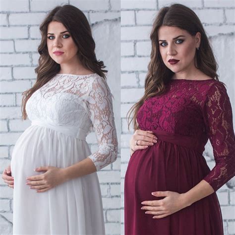 puseky maternity dress pregnancy women lace see through collar 3 4 sleeve maxi dress photo prop