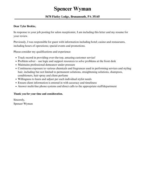 Salon Receptionist Cover Letter | Velvet Jobs