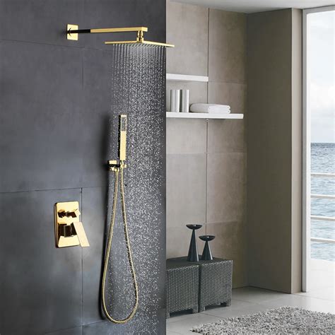 Golden Solid Brass Bathroom Luxury Rain Mixer Shower Combo Set Wall