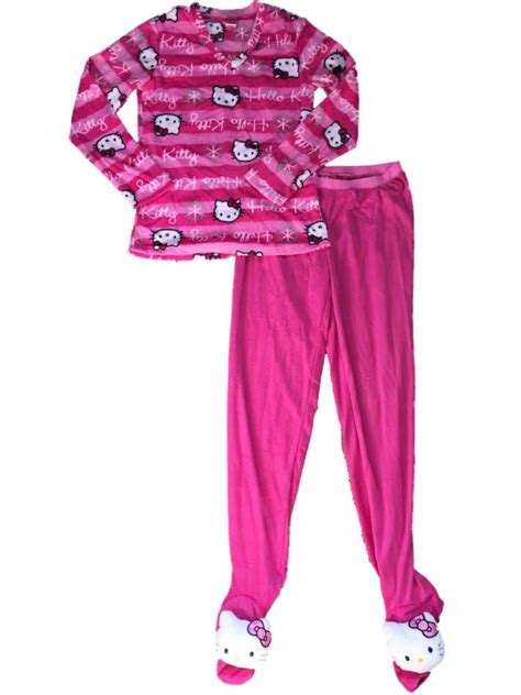 hello kitty womens hot pink striped hello kitty cat fleece pajamas snowflake sleep set