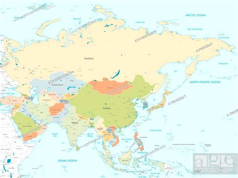 Vector Map Of Asia Continent With Countries Capitals Main Cities And