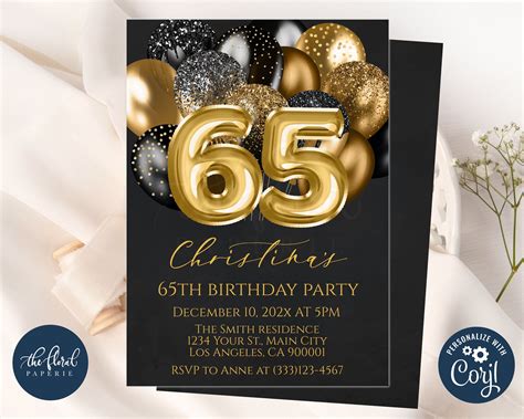 65th Birthday Invitation Template Editable Black And Gold Birthday