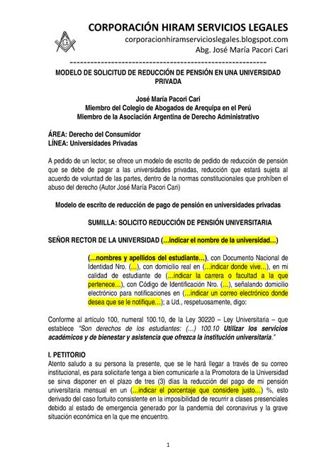 Modelo De Solicitud De Reducción De Pensión En Una Universidad Privada