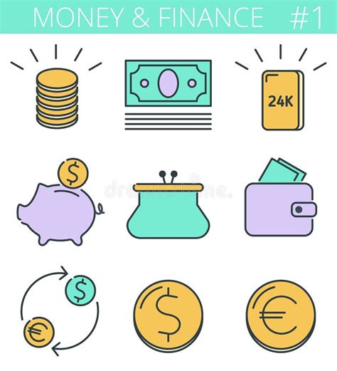 Money And Finance Line Symbols Vector Thin Outline Icon Set Stock