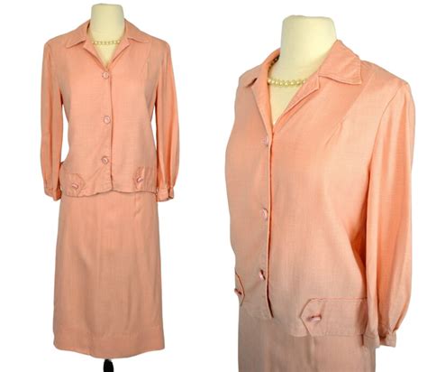 S Two Piece Peach Jacket And Knee Length Skirt Linen Suit Etsy
