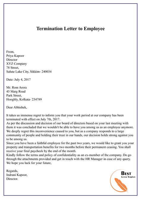 Termination Of Employment Letter Template