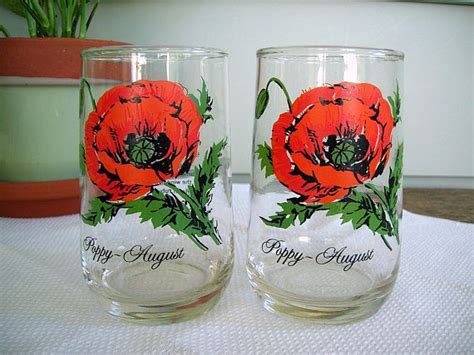 2 vintage flower of the month august poppy drinking glasses water tumblers 12 oz brockway
