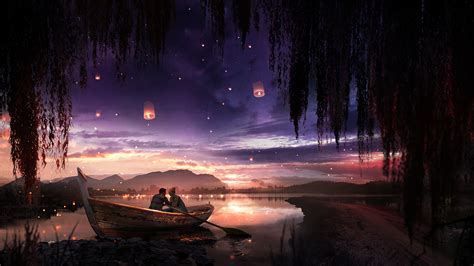 Boat Couple Dreamy Painting Lake Lantern Hd Artist 4k Wallpapers