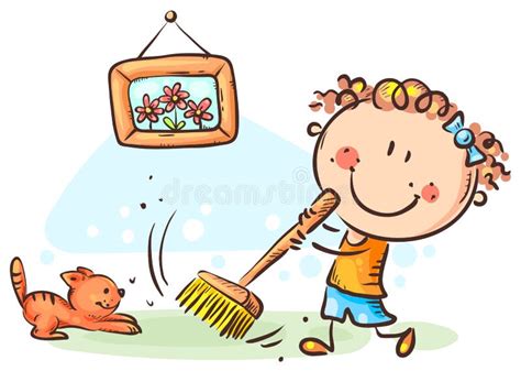 Girl Sweeping Floor Doing Housework Cartoon Drawing Stock Vector