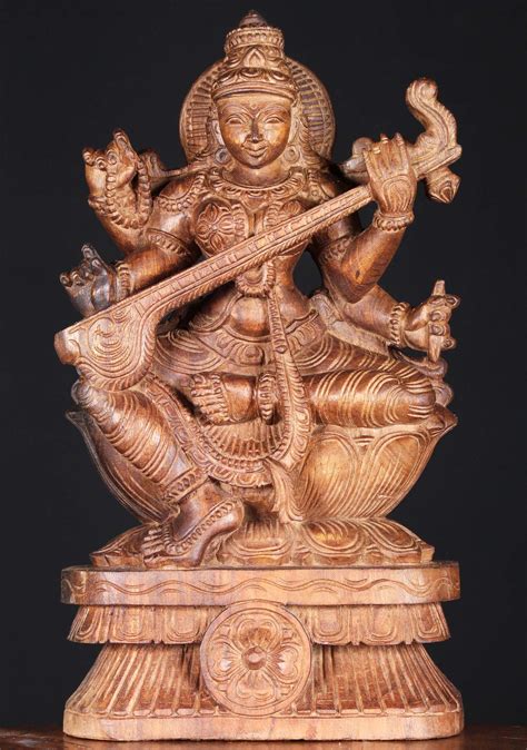 Sold Wooden Saraswati Statue Playing Veena 18 76w6dr Hindu Gods