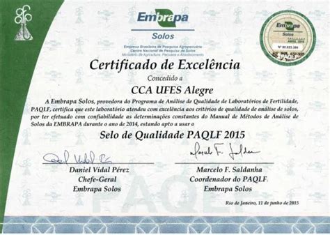 Certificado De Excelência Da Embrapa Solos Campus De Alegre