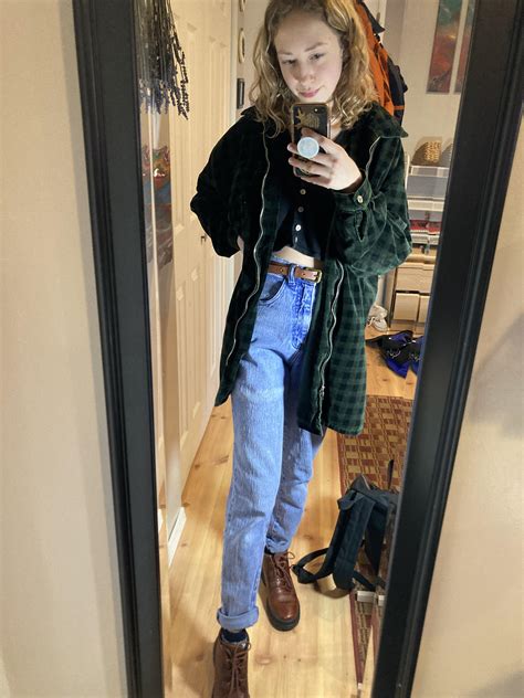 in love with this completely thrifted outfit feat timberlands mom jeans cropped sweater
