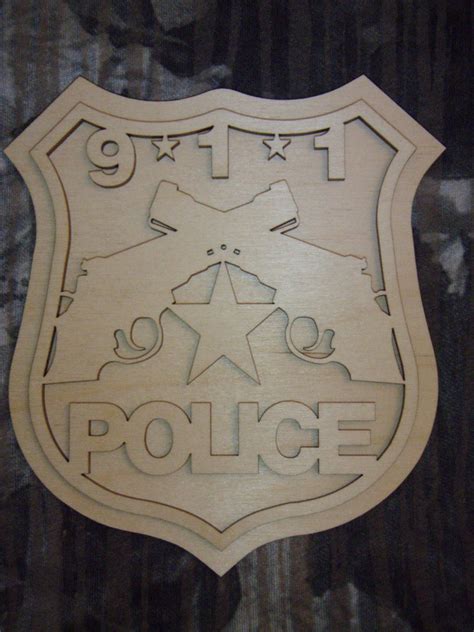 Police Badge Unfinished Wood Cut Out 911 by ArtisticCraftSupply