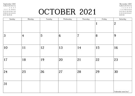 October Printable Calendar 2021