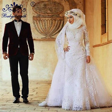 2016 White Arab Muslim Wedding Dresses Custom Made Long Sleeve White