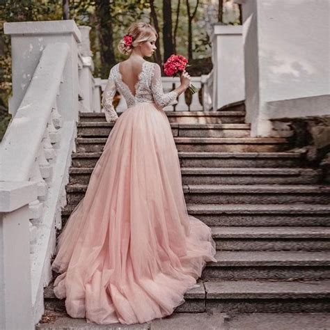 Elegant Blush Pink Wedding Dresses V Neck 34 Long Sleeves Lace Tulle