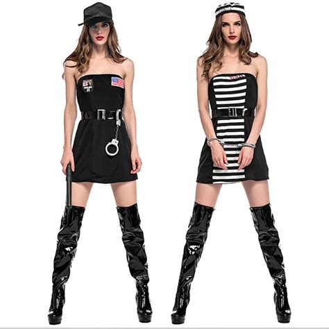 adult women halloween police prisoner reversible costume sexy strapless dress fancy striped