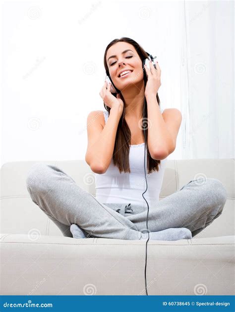 Young Beautiful Woman Listening To Audio Stock Image Image Of Audio