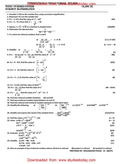 Cbse Class 9 Mathematics Worksheet Number System 3 1 Rational