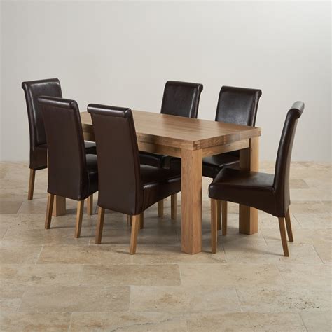 Dining chairs counter height chairs. Contemporary Dining Set in Oak: Table + 6 Brown Leather Chairs