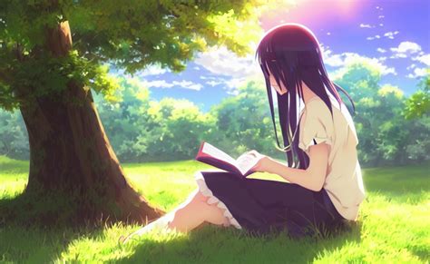 Prompthunt An Anime Girl Sitting Under A Tree Reading A Book Anime