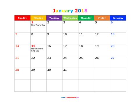 Cute January 2018 Calendar Holidays Landscape | Gift ideas | Pinterest | January, January ...